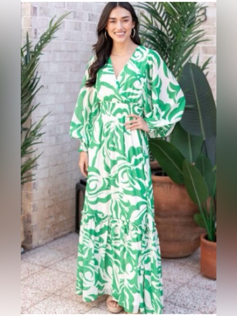 FLYING TOMATO Sz S Maxi Green Print Floral Dress Elastic Waist Coastal Vacation